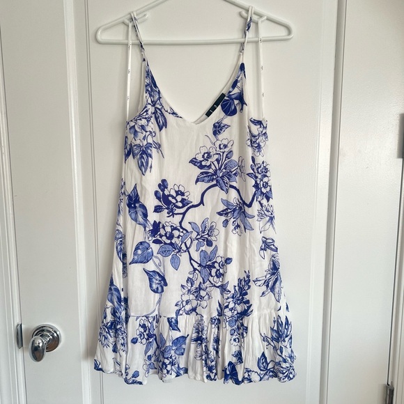 Lulu's | Garden Bloom Blue and White Floral Print Ruffled Shift Dress - Picture 3 of 10